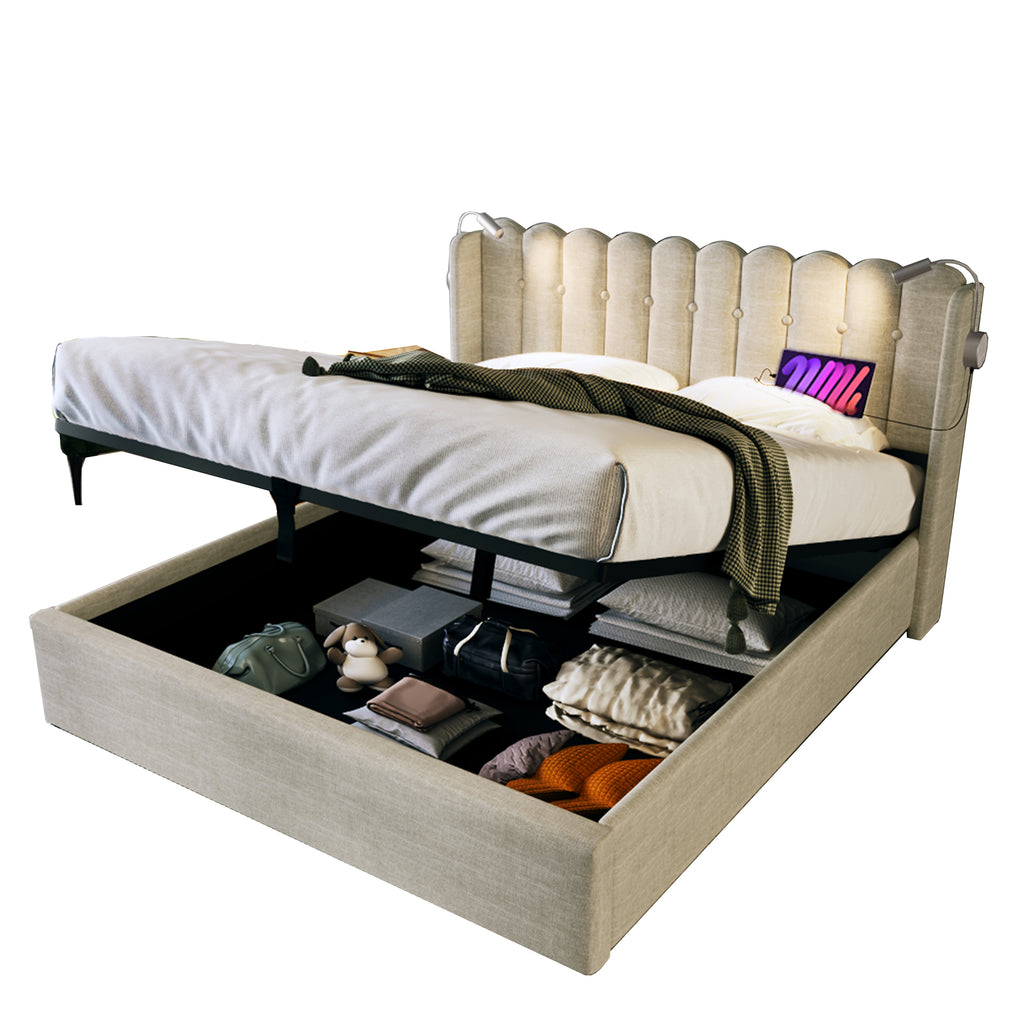 Upholstered Bed Double Bed Reading Light With Charging Function Head Part Storage Bed Frame Linen Material Youth Bed 140x200 With Slate Rust,Of Course Without Mattress