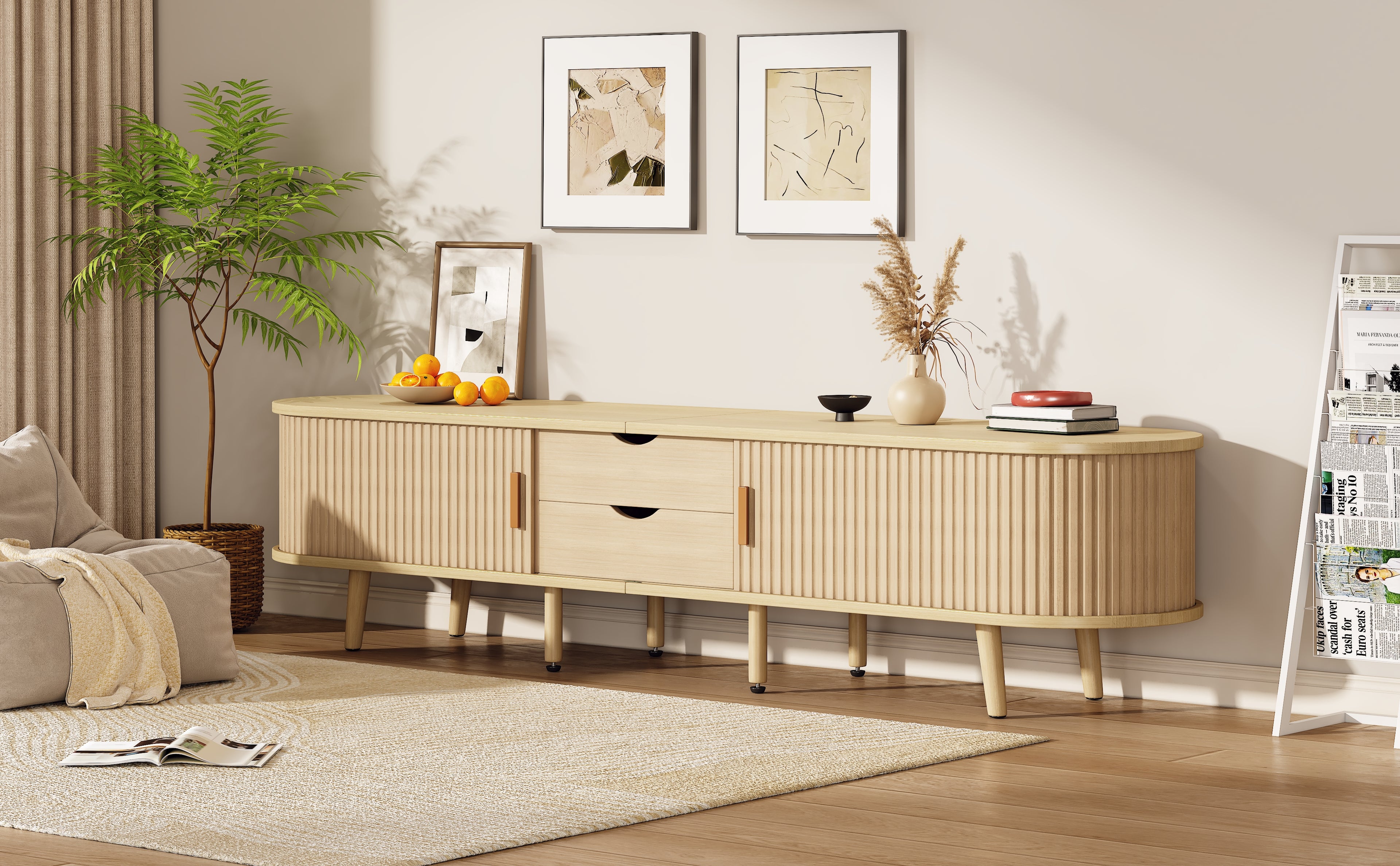 Living Room TV Cabinet With Storage  Coffee Table Combination, Oval Combination In Original Wood Color, MDF