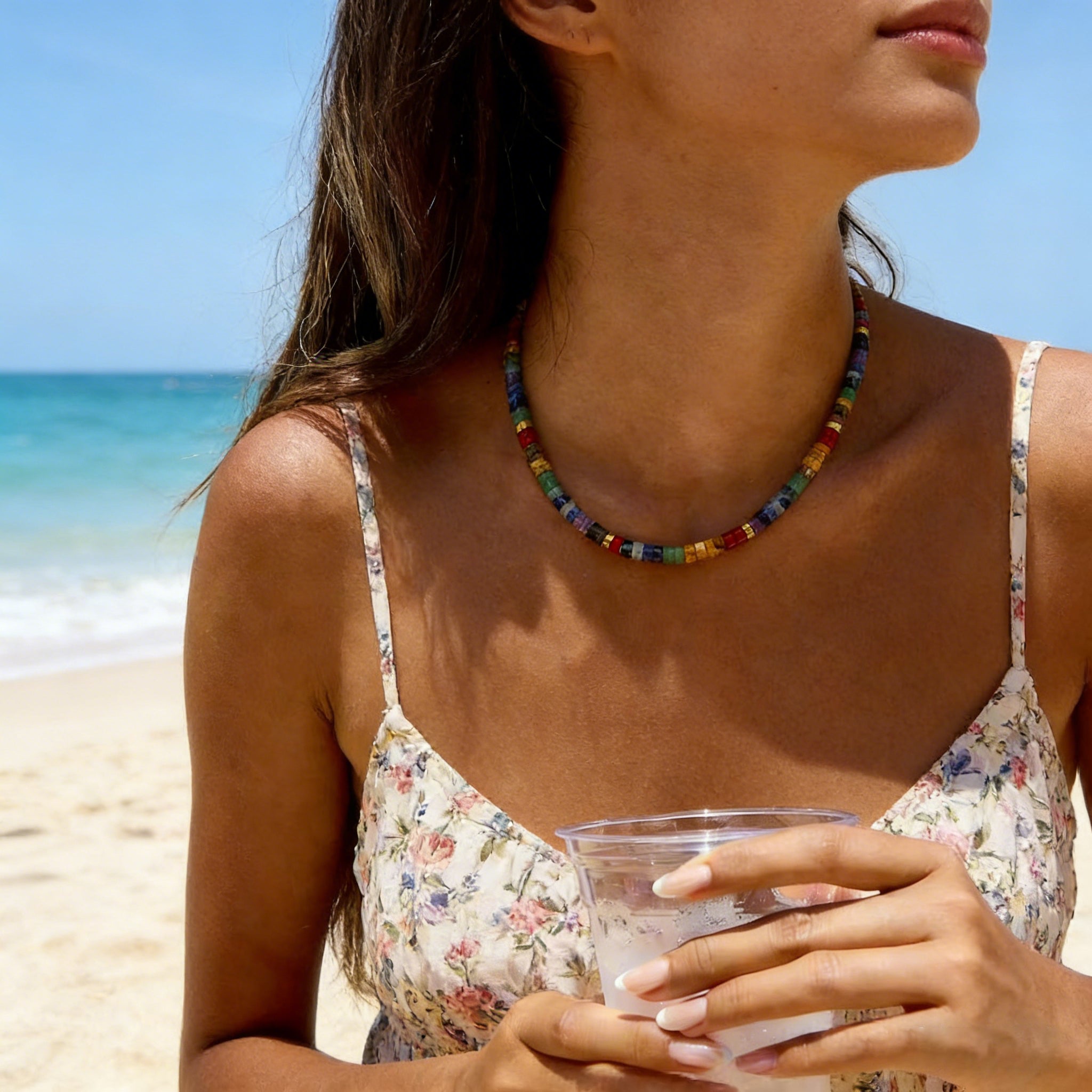 7 Chakra Heishi Bead Choker Necklace For Women, Colorful Natural Stone Tube Beads, Gold Extension Chain, Boho Jewelry Gift Daily Wear