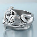 Zhenrong New Cute Cat Adjustable Open Ring, European 925 Plated Vintage Thai Silver Black Cat Totem Finger Ring For Women