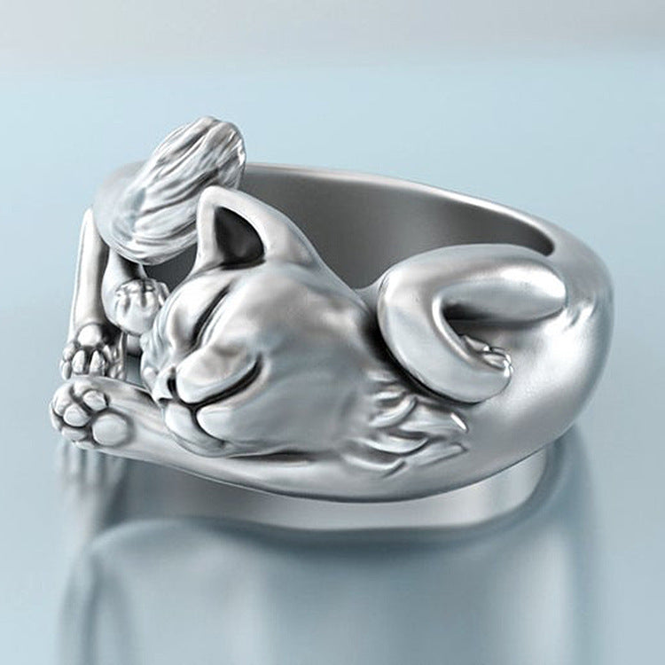 Zhenrong New Cute Cat Adjustable Open Ring, European 925 Plated Vintage Thai Silver Black Cat Totem Finger Ring For Women