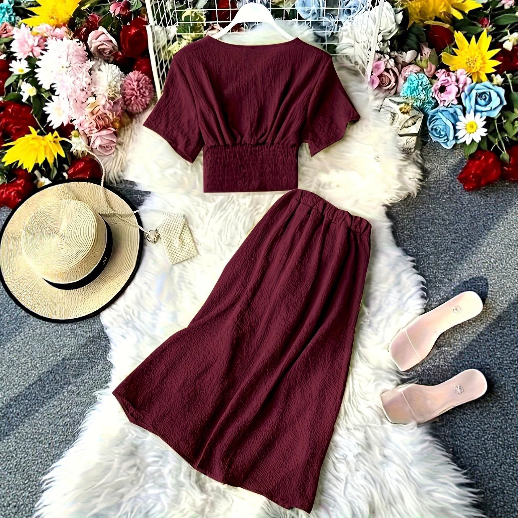 V-neck Single-breasted Short-sleeve Top And High-waisted Wide-leg Pants With Side Slits