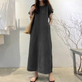 Womens Solid-Color Fashionable Round-Neck Loose-Fit Pocketed Dress