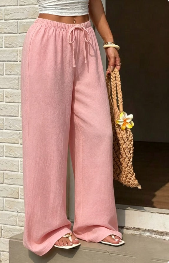 2026 Spring Summer Hot Sale Solid Color Casual Loose Tie Wide Leg Pants For Women