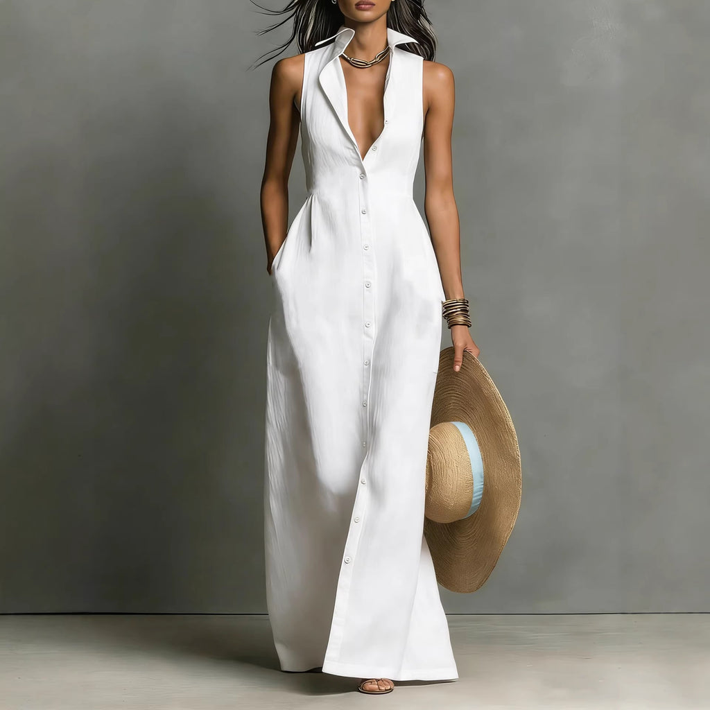 Breasted Sleeveless Shirt-collar Dress