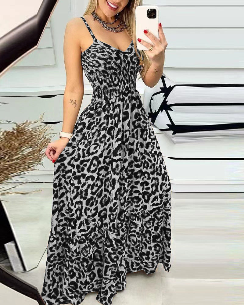 Women's Leopard Print Spaghetti Strap Tiered Maxi Dress V-Neck Smocked Waist Flowy Long Dress For Summer
