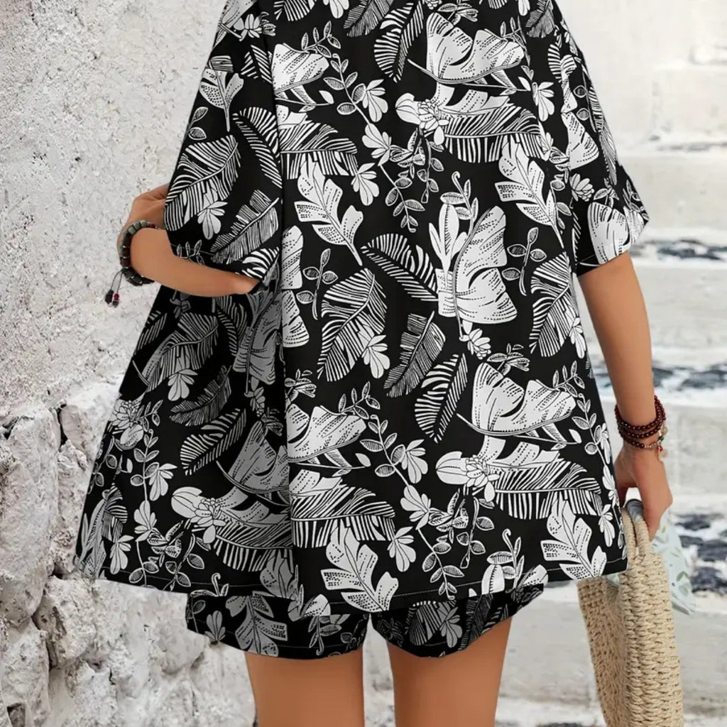 Lapel-collar Printed Short-sleeve Cardigan Shirt And Casual Shorts 2-piece Set
