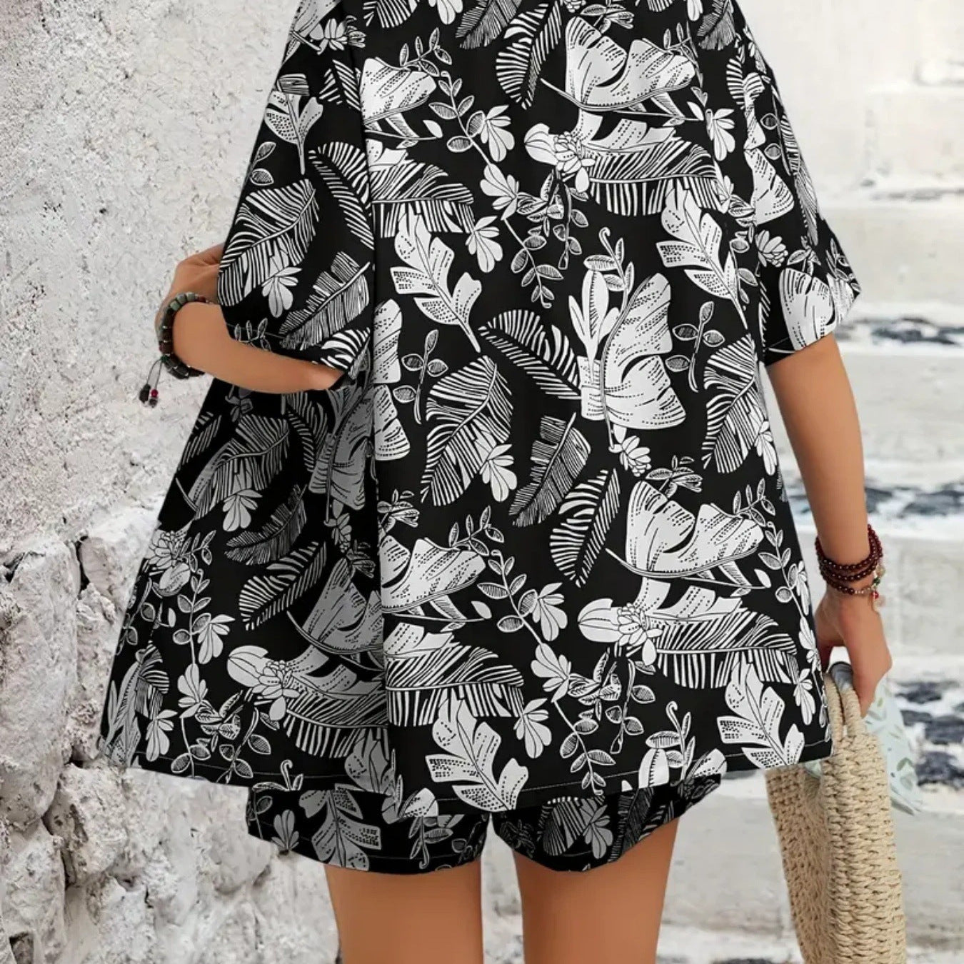 Lapel-collar Printed Short-sleeve Cardigan Shirt And Casual Shorts 2-piece Set