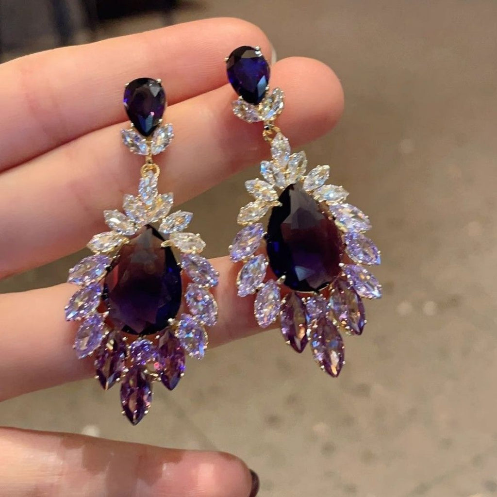 European American Fashion Gradient Purple Teardrop Zircon Earrings, Super Sparkling Dangle Drop Earrings For Runway & Formal Evening Dress