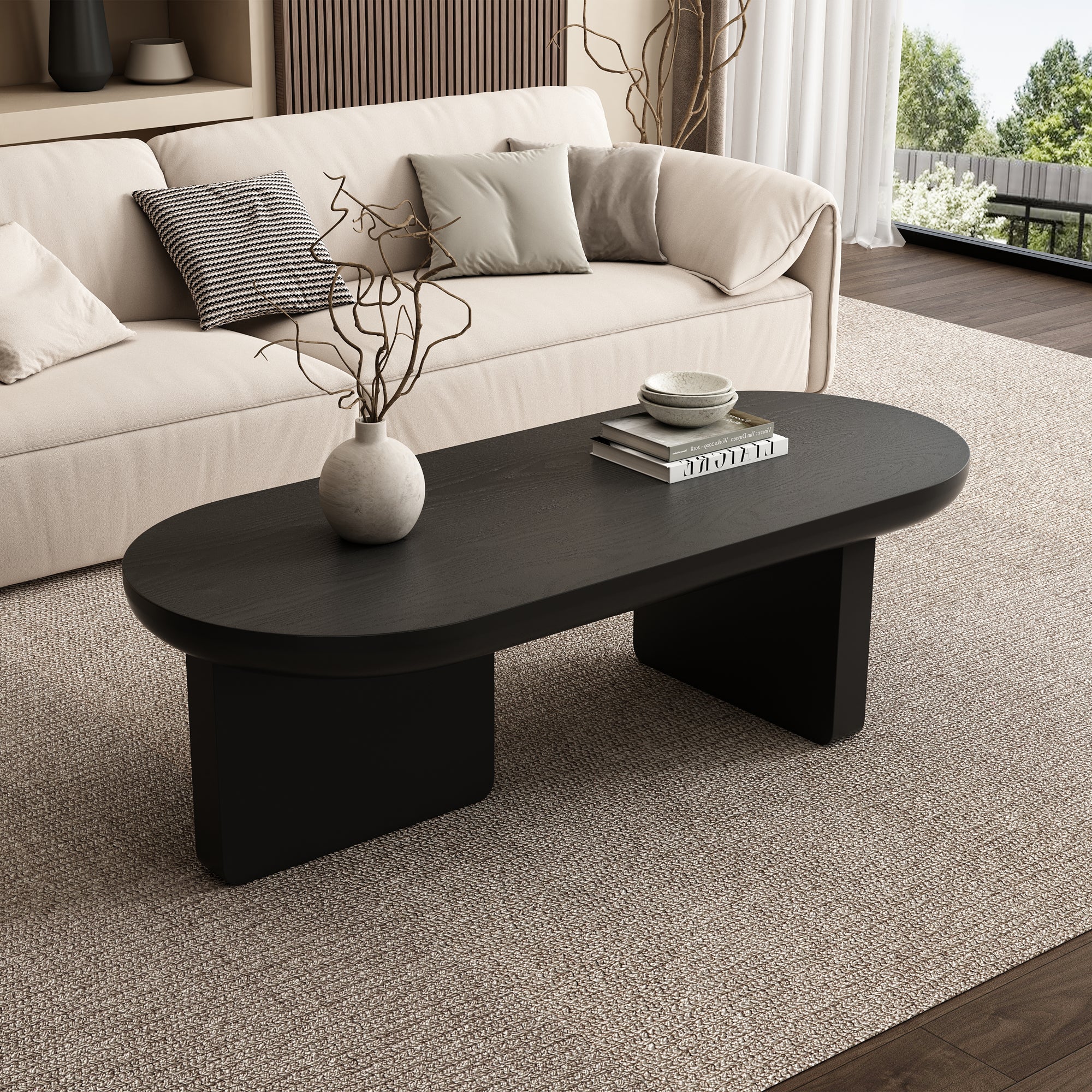 N625P300081S Black Modern Minimalist Coffee Table, Living Room Table, Spray Paintable, Oval Table, Sofa Table, Side Table, Coffee Table, Leisure Table Made Of MDF