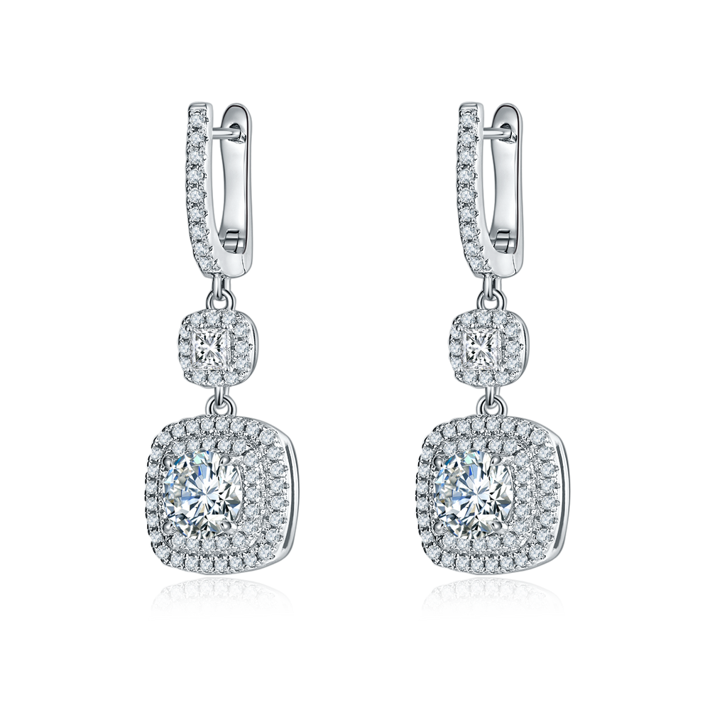 S925 Sterling Silver Cushion Double Halo Drop Earrings, 1ct D-VVS1 Moissanite, Platinum Plated 6.6g Women's Jewelry Gift Box