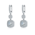 S925 Sterling Silver Cushion Double Halo Drop Earrings, 1ct D-VVS1 Moissanite, Platinum Plated 6.6g Women's Jewelry Gift Box