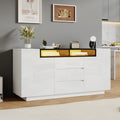 140X40X68cm Living Room Sideboard With 2 L-Shaped Doors,Living Room Cabinet With Adjustable Dividers And LED Lights,High Gloss Cabinet With 3 Drawers,Chest Of Drawers,White-Black