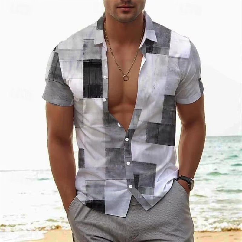 European-size Mens Casual Slim-fit Beach 3D-printed Short-sleeve Shirt