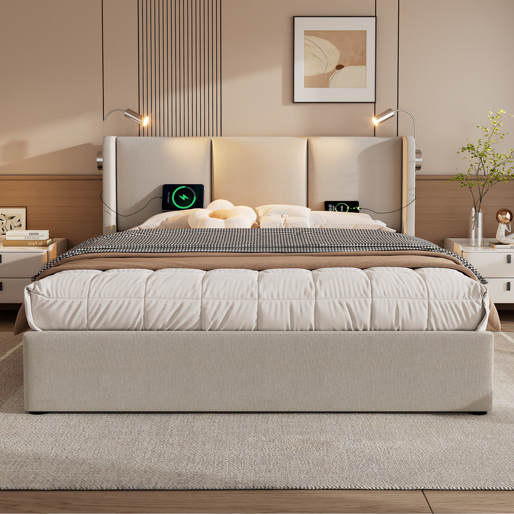 Upholstered Bed Double Bed Storage Storage Storage Reading Light With USB Charging Function Headboard, Storage Beds Bed Frame Made Of Linen Material Youth Bed 140x200 With Slatted Base Without Mattre