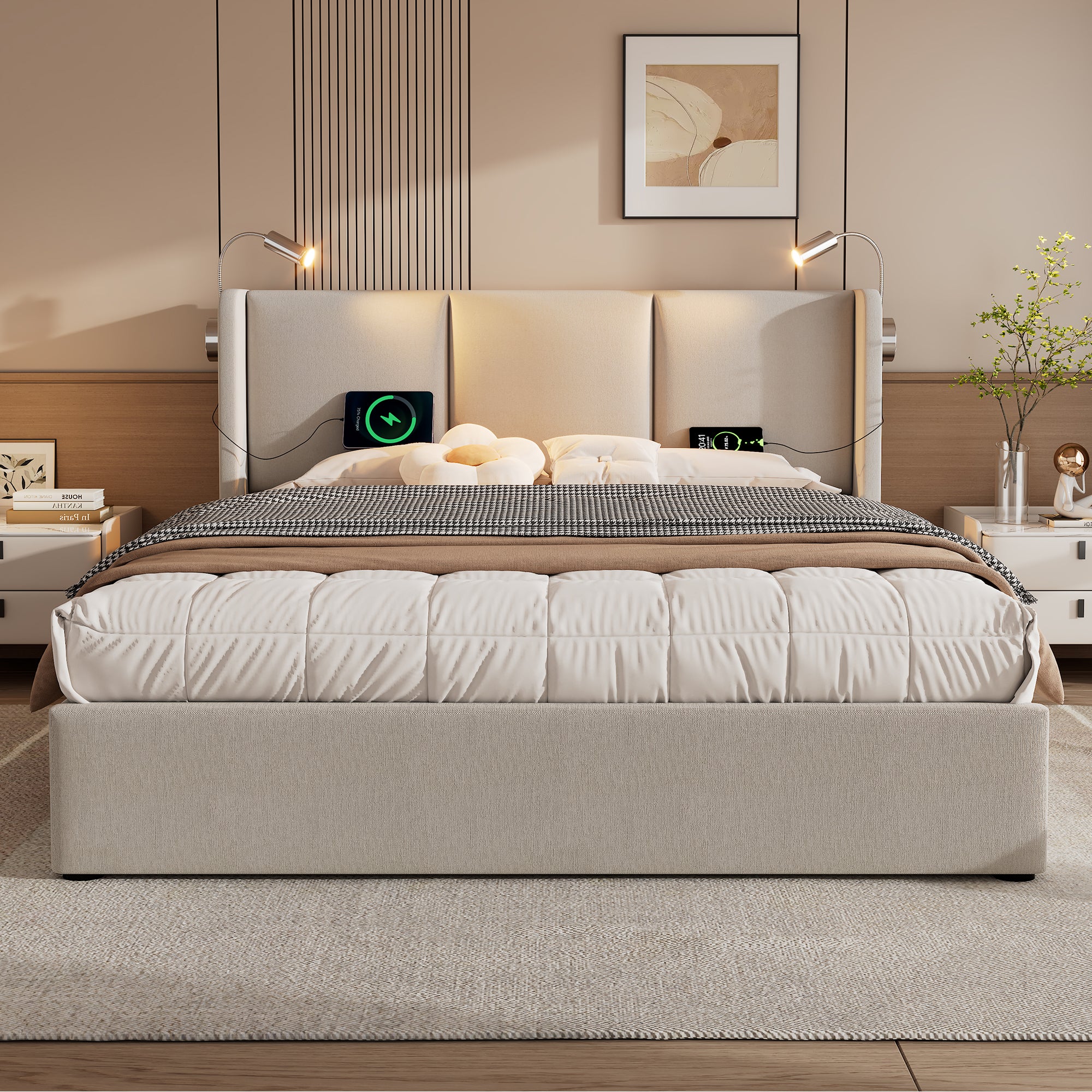 Upholstered Bed Double Bed Storage Storage Storage Light With USB Charging Headboard,Storage Beds Bed Frame Made Of Linen Material Youth Bed Bed 160x200 With Slatted Base Without Mattress