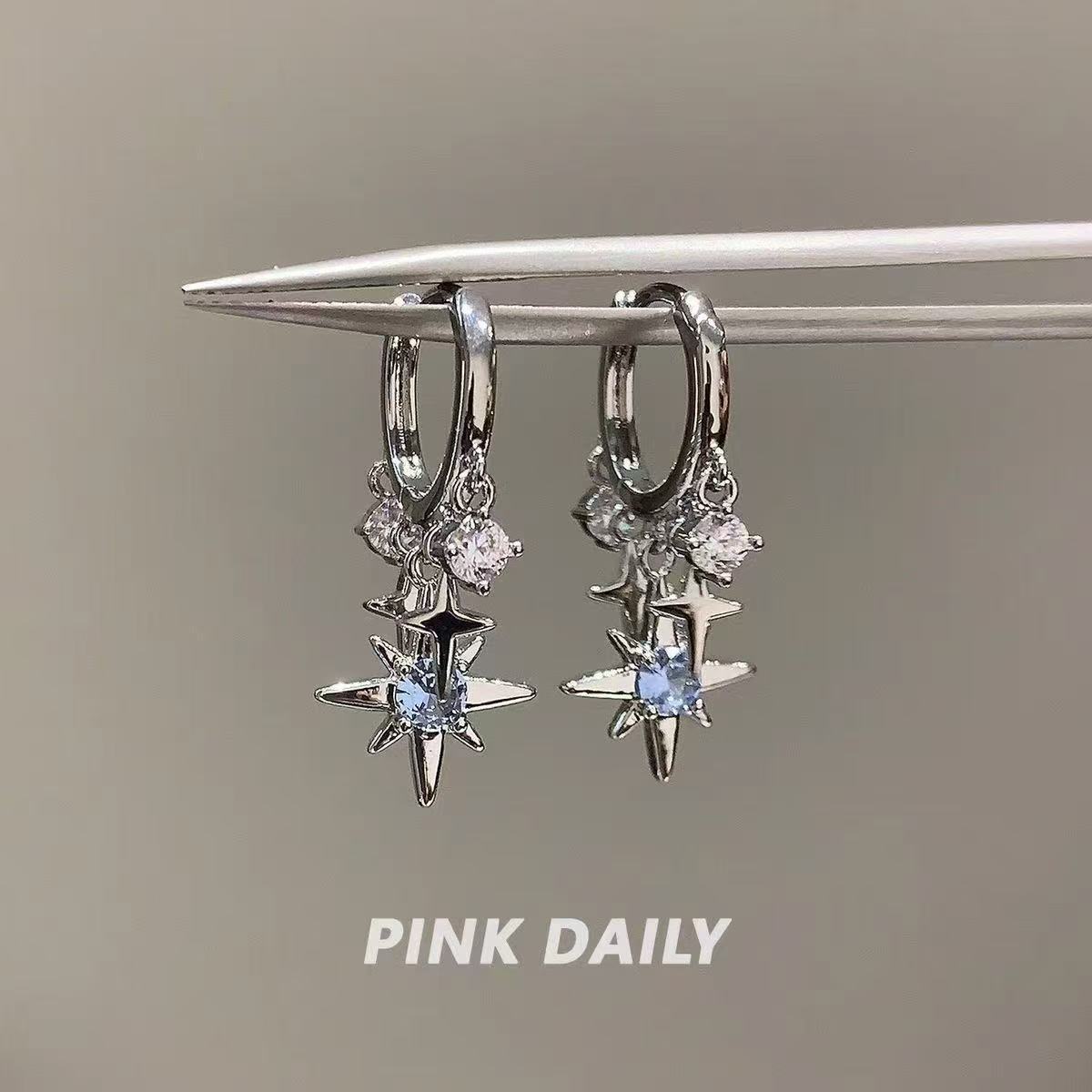 Sweet & Cool Style Blue Sparkling Rhinestone Eight-Pointed Star Drop Earrings For Women, Fashion Versatile Elegant Star Pendant Huggie Ear Jewelry