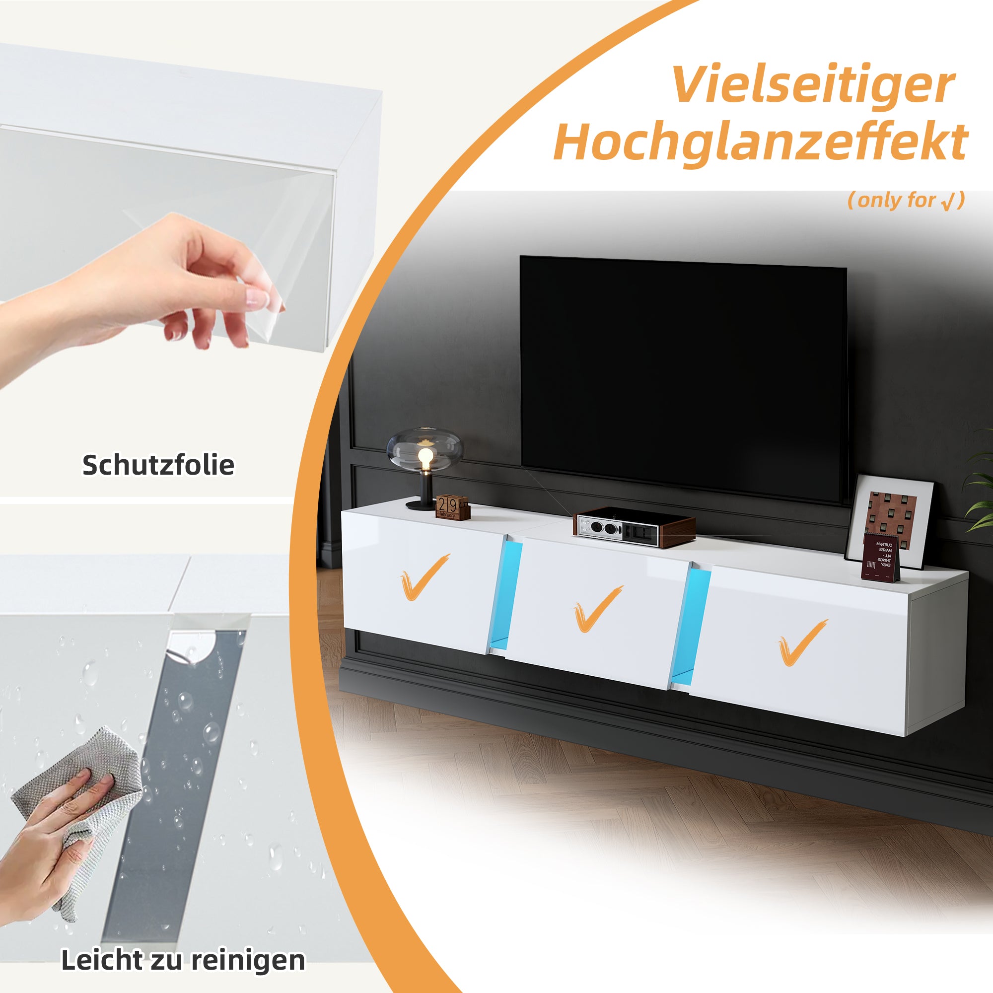 180 X 35 X 30 Cm, Wall Mounted TV Cabinet, Lowboard TV Cabinet With LED Lights, TV Stand With 3 Cabinet Doors, Suitable For 75 Inch TV, TV Cabinet TV Cabinet High Gloss, White