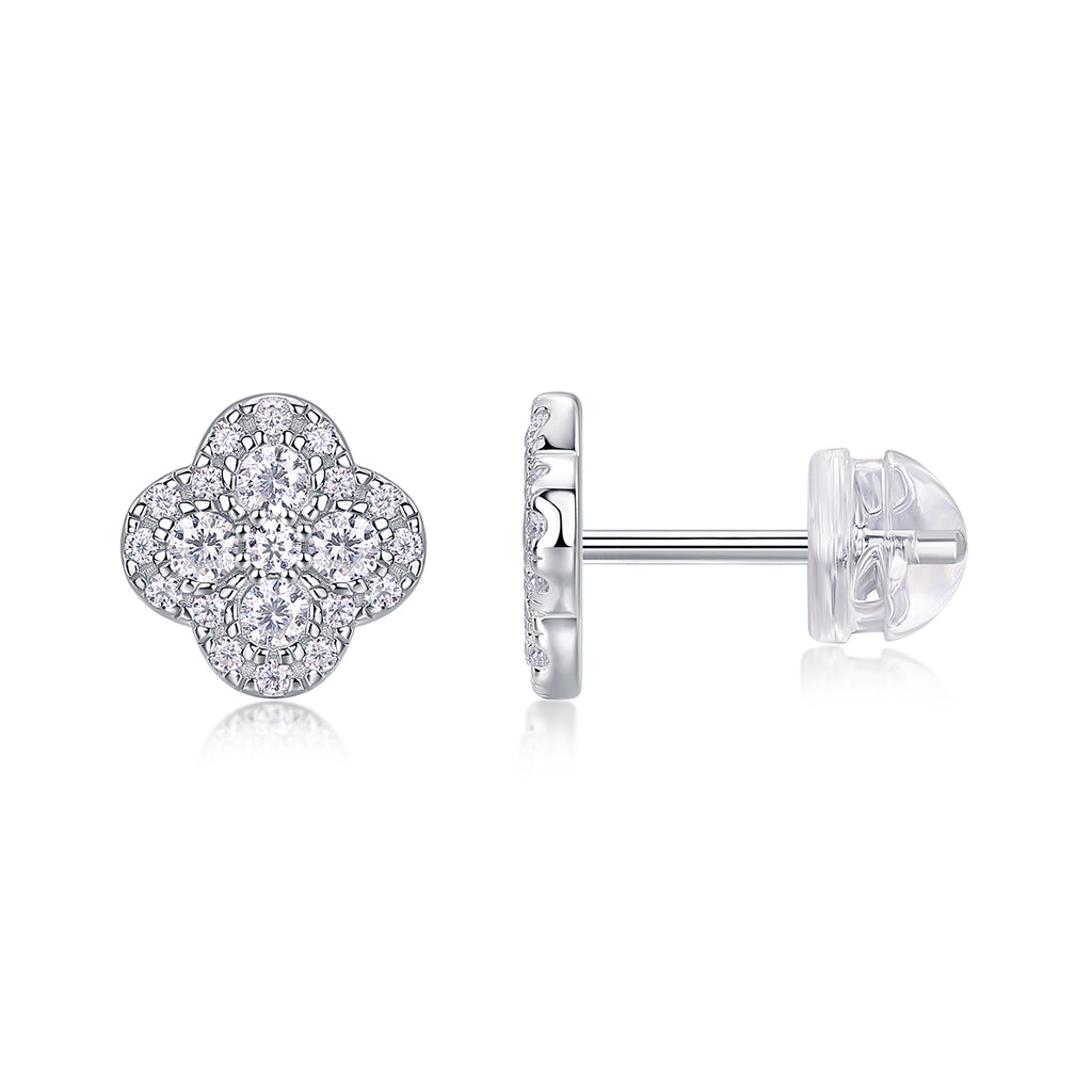 S925 Sterling Silver Clover Stud Earrings, D-VVS1 Moissanite Pave, Platinum Plated 1.2g Women's Jewelry Gift Box