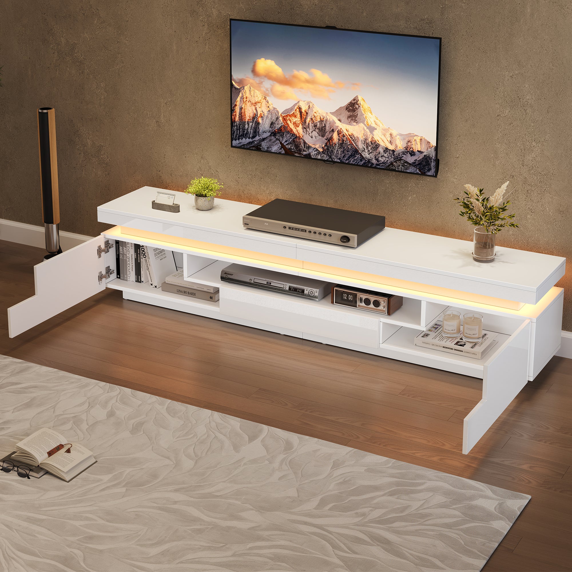 175x38x45cm Living Room TV Stand With 2 L-Shaped Cabinets And 1 Drawer,High Gloss Living Room Cabinet With LED,Lowboard With Semi-Open Storage,Floor-standing TV Cabinet Suitable For TVs Around 75 Inch