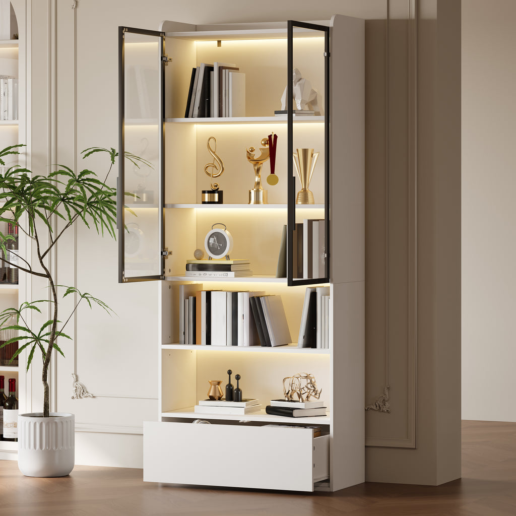 80x34x180cm Display Cabinet, Tall Cabinet With 1 Drawer And Glass Cabinet Doors, Tall Cabinet Glass Display Case With LED And Open Partition, Stand Shelf Cabinet Display Cabinet,Living Room Cabinet Wi