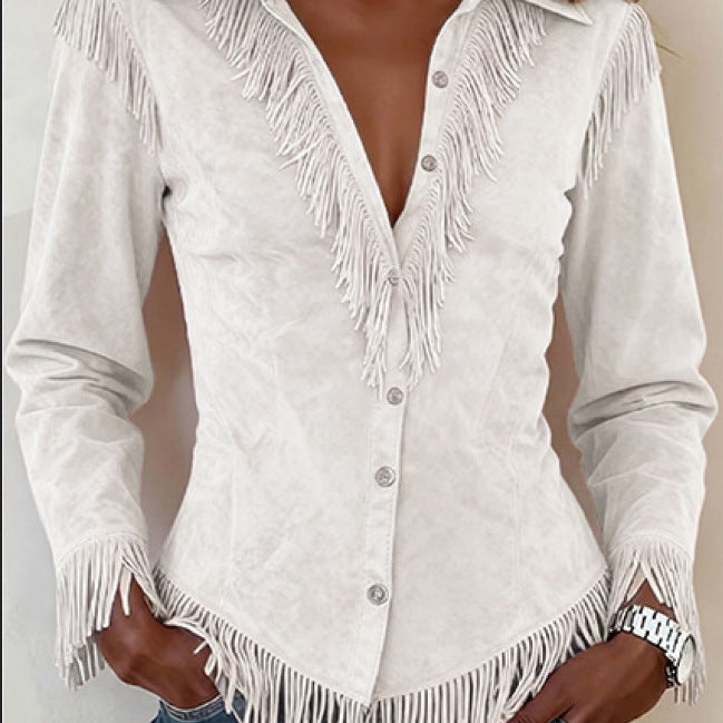 Western Cowboy-Style Suede Fringe Slim-Fit Long-Sleeve Shirt
