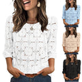 Womens Solid-color Casual Hollow-out Lace Three-quarter-sleeve Crew-neck Top