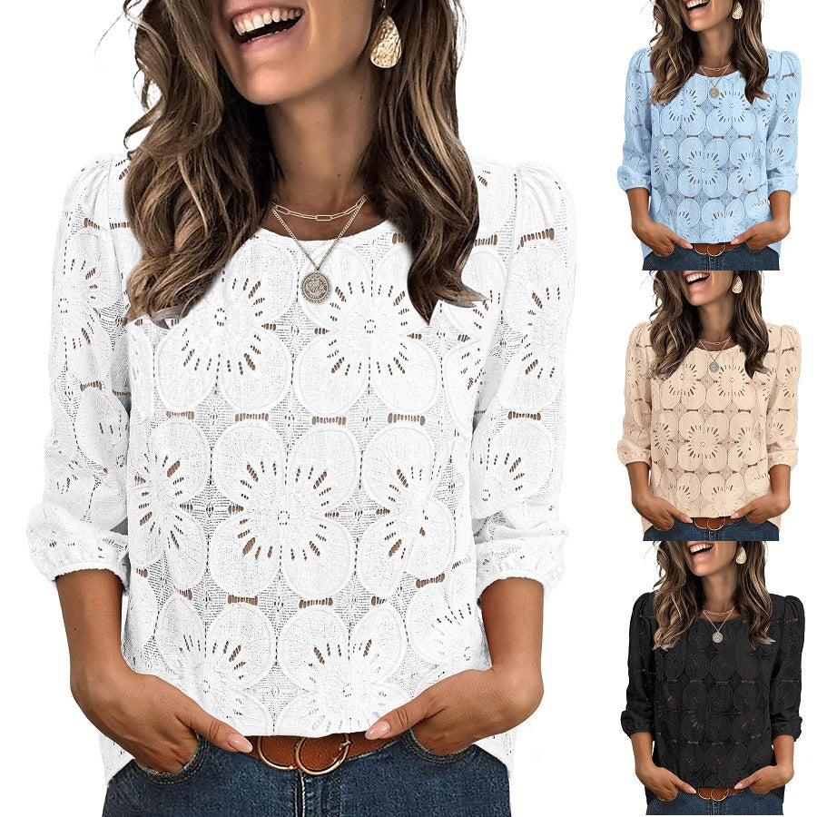 Womens Solid-color Casual Hollow-out Lace Three-quarter-sleeve Crew-neck Top