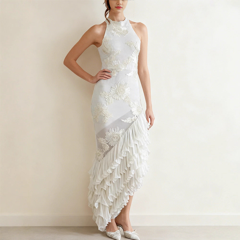 Sleeveless Off-shoulder Dress With Three-dimensional Embroidery And Ruffled Hem
