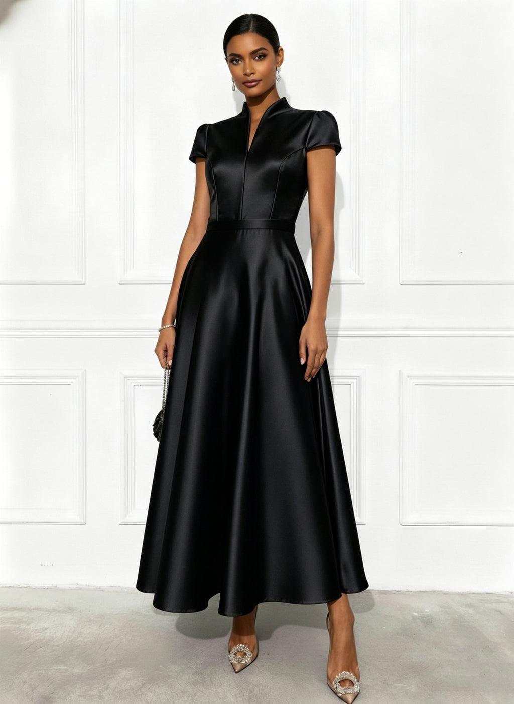 Solid-color Knitted Satin Short-sleeve Waist-cinching Swing Dress