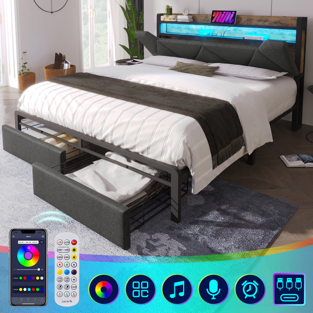 Sofa Bed With USB Type C Charging Function, Storage Head Part And LED Lighting And Drawer, Double Bed 140x200 Storage Bed Frame With Metal Frame, Grey  Without Mattress