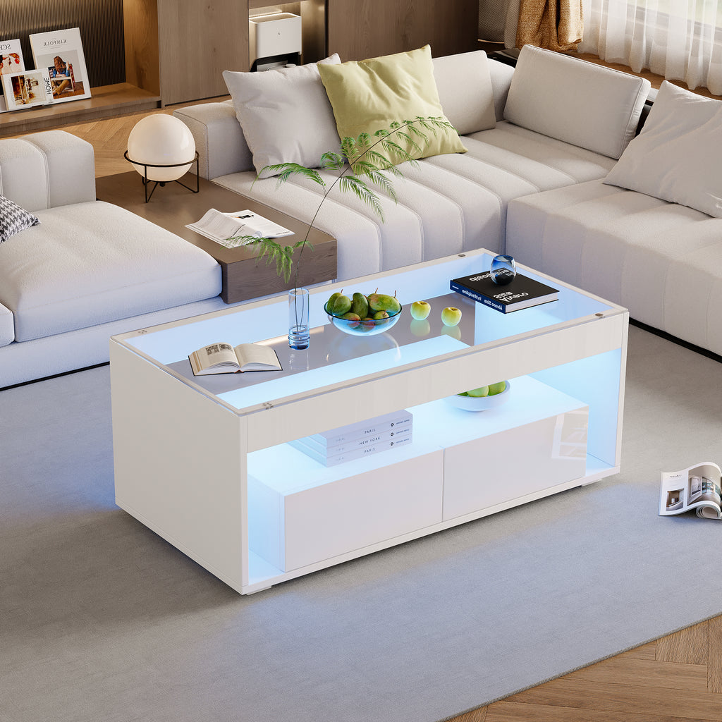 Modern Coffee Table With LED Light, Rectangular Sofa Table With 2 Large Drawers, Spacious Glass Living Room Table, Double-layered Design, High Gloss, Large Living Room Table, White