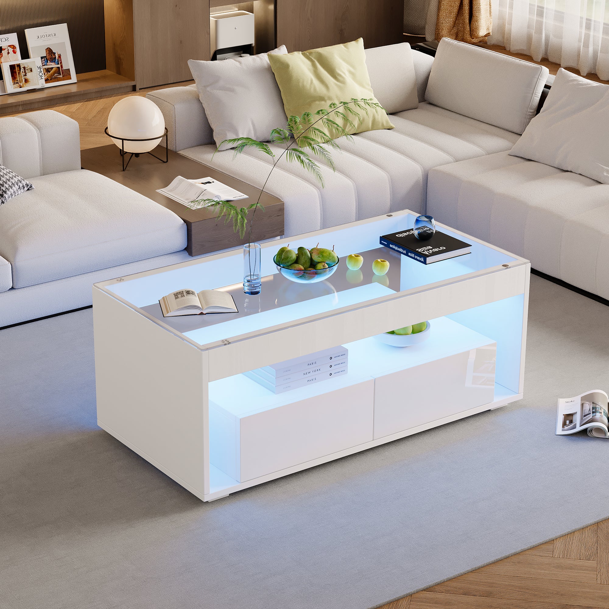 Modern Coffee Table With LED Light, Rectangular Sofa Table With 2 Large Drawers, Spacious Glass Living Room Table, Double-layered Design, High Gloss, Large Living Room Table, White