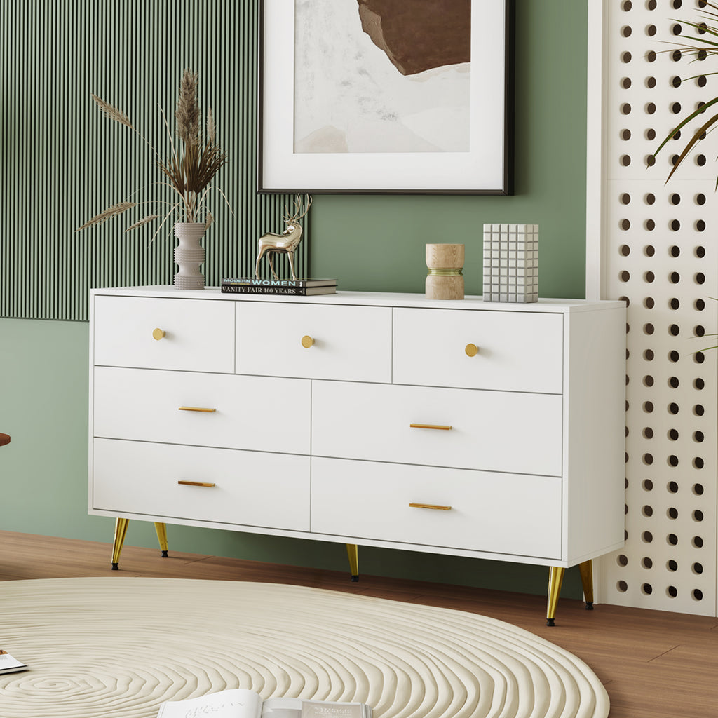 White Sideboard,7 Drawers, Gold Handles, Gold Legs, Smooth Drawer Runners, 140 X 35 X 76 Cm  Dining Room Sideboard  Kitchen Cabinet Storage Unit  Chest Of Drawers