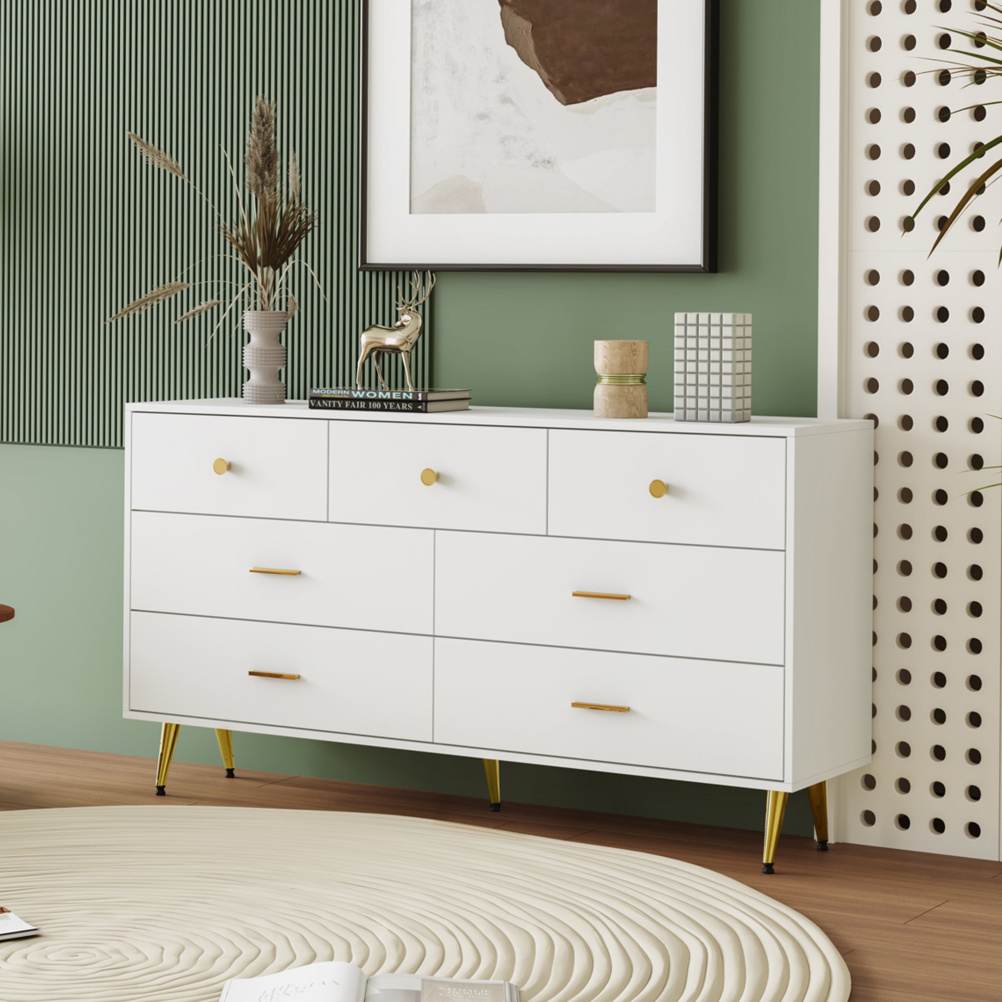 White Sideboard,7 Drawers, Gold Handles, Gold Legs, Smooth Drawer Runners, 140 X 35 X 76 Cm  Dining Room Sideboard  Kitchen Cabinet Storage Unit  Chest Of Drawers