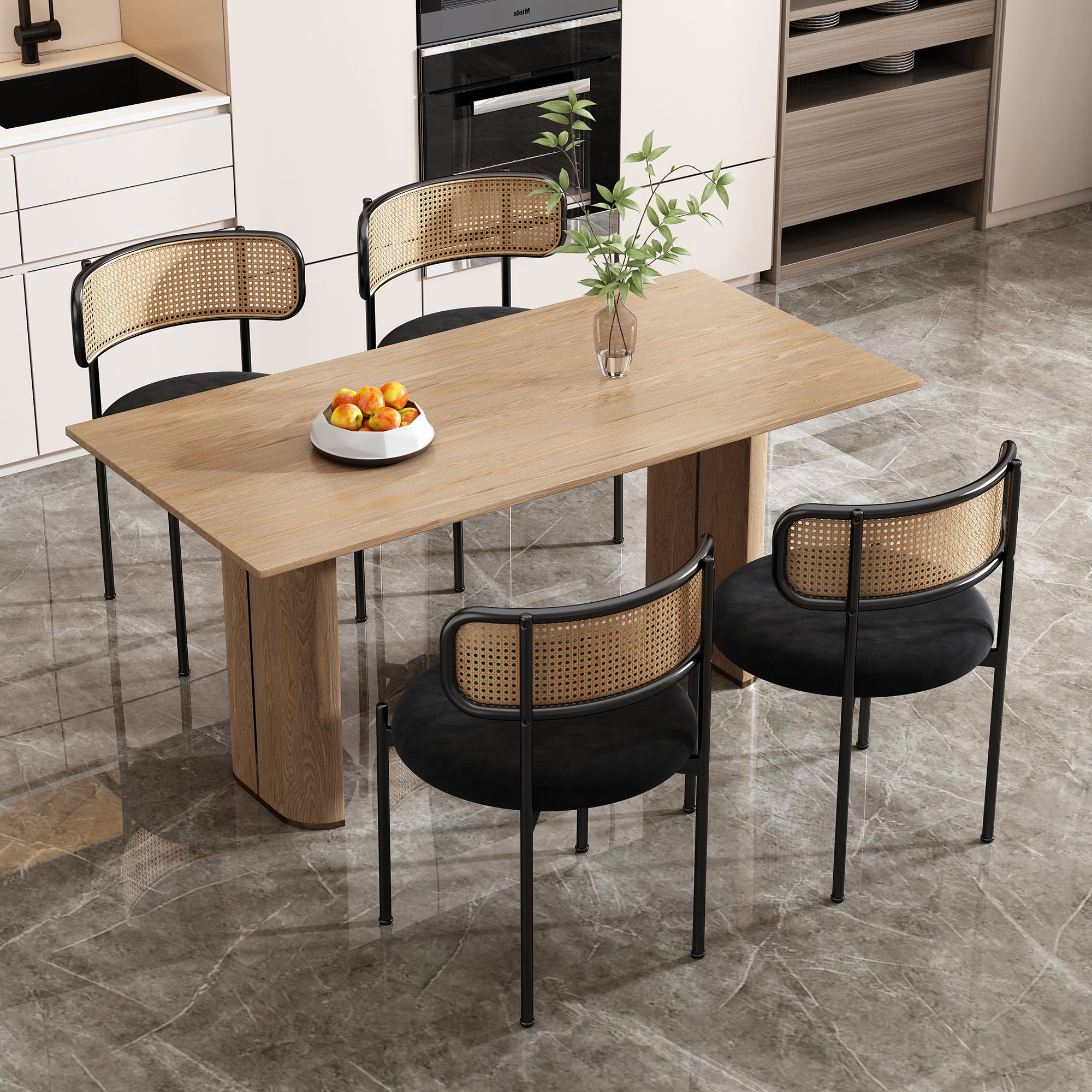 Velvet Dining Chair, Set Of 4, Modern Simple Leisure Chair With Four Metal Support Legs, Rattan Leisure Chair, Living Room And Bedroom Chair, Black