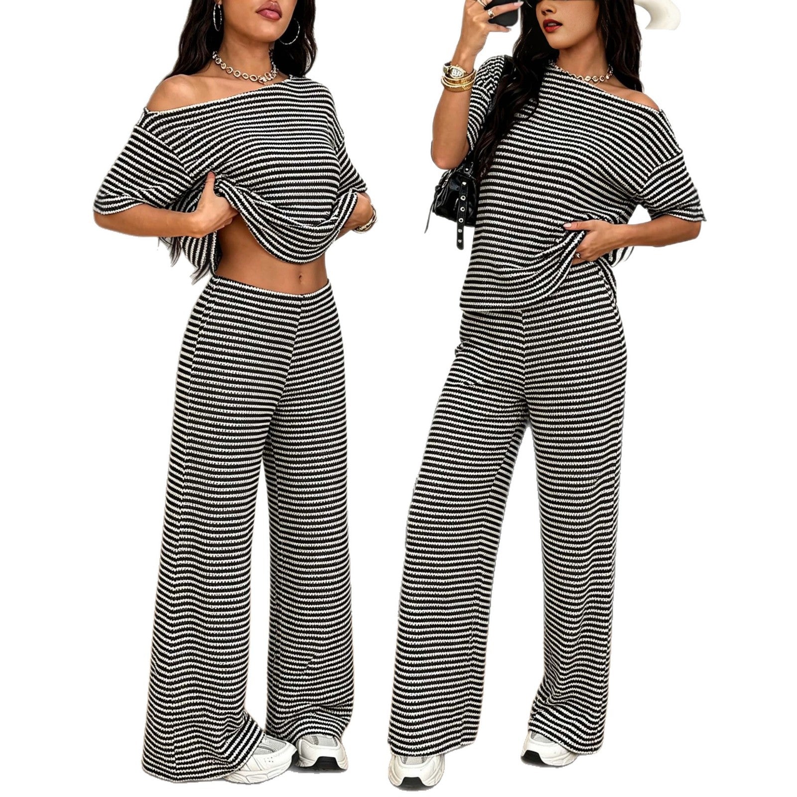 Slimming Casual Two-piece Set Top Wide-leg Trousers