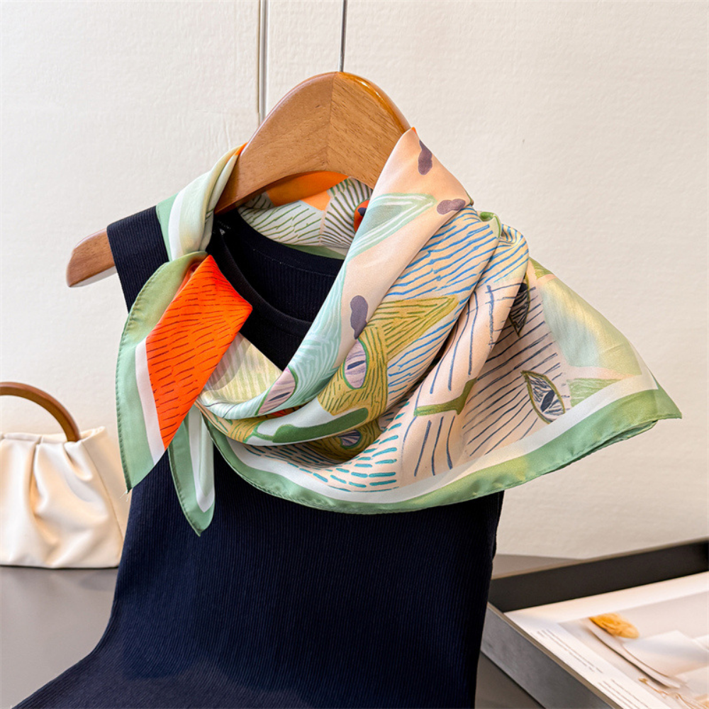 Cartoon-printed Cat Small Square Scarf With Silk Satin Surface. Cute Animal Print Decorative Headscarf. Fashionable And Versatile