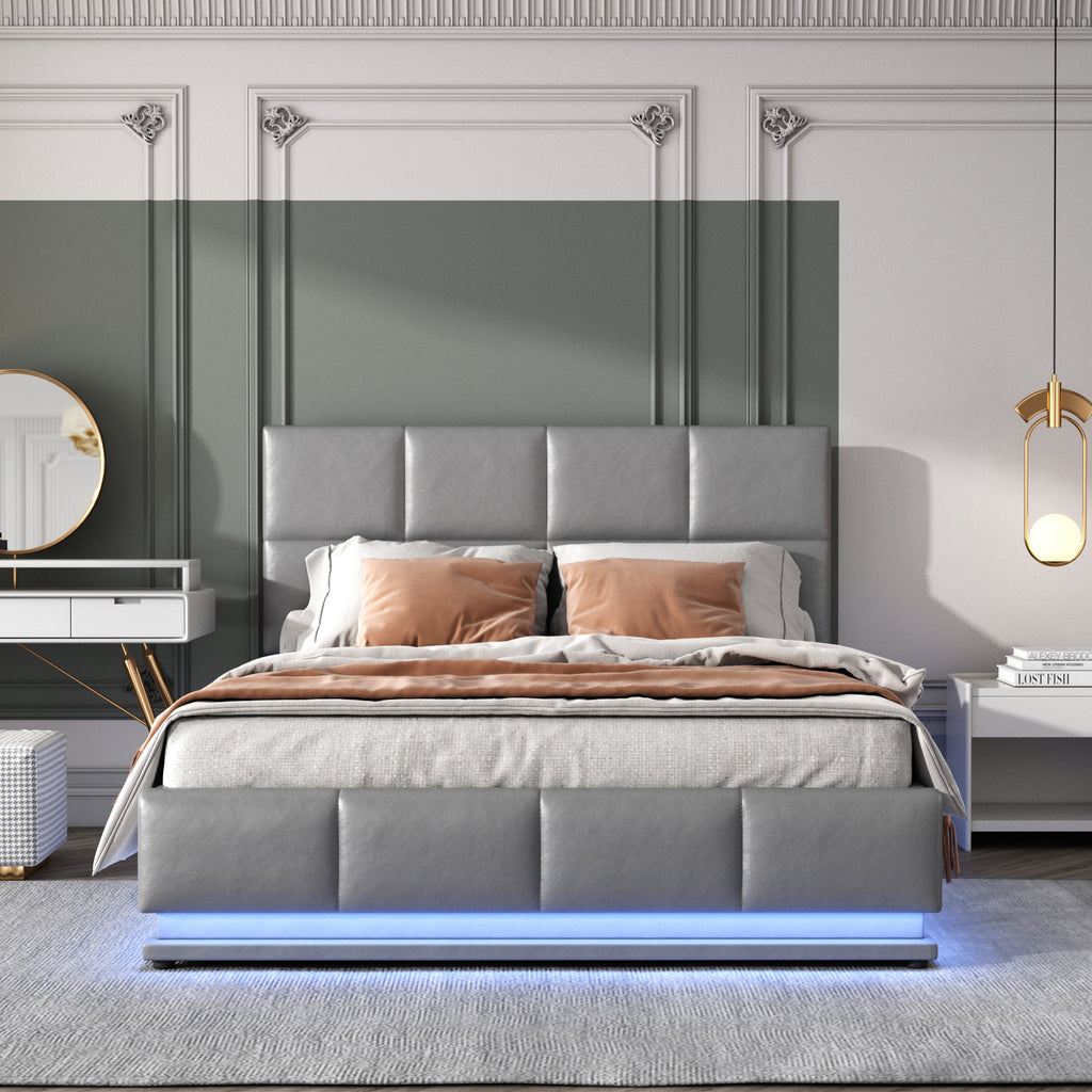 Upholstered Bed 140x200 Cm With LED Lighting & Hydraulically Liftable Bed Storage Space, Bed Base & Slatted Frame Cover Made Of  Leather Double Bed  Youth Bed Grey