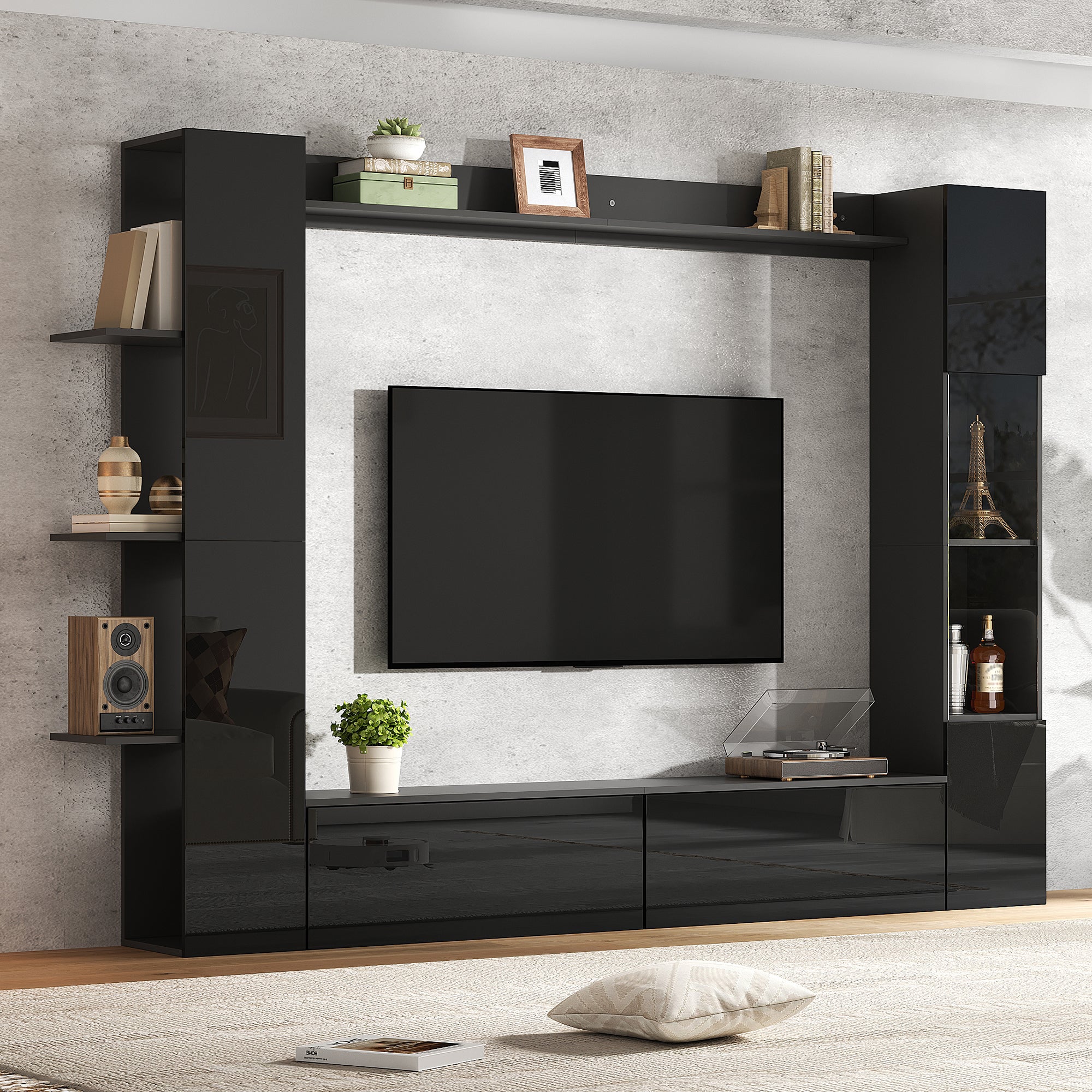 Wall Unit, Display Cabinet Door Hinge Replaceable,  Set, 4 Pcs , Compact Wall Unit With Plenty Of Storage Space, TV Cabinet, Display Cabinet, Storage Cabinet, Especially For The Living Room, Black