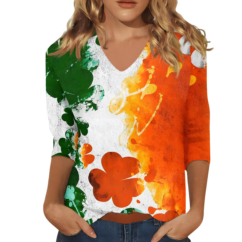 Womens Fashion V-neck Printed Loose-fitting Long-sleeve