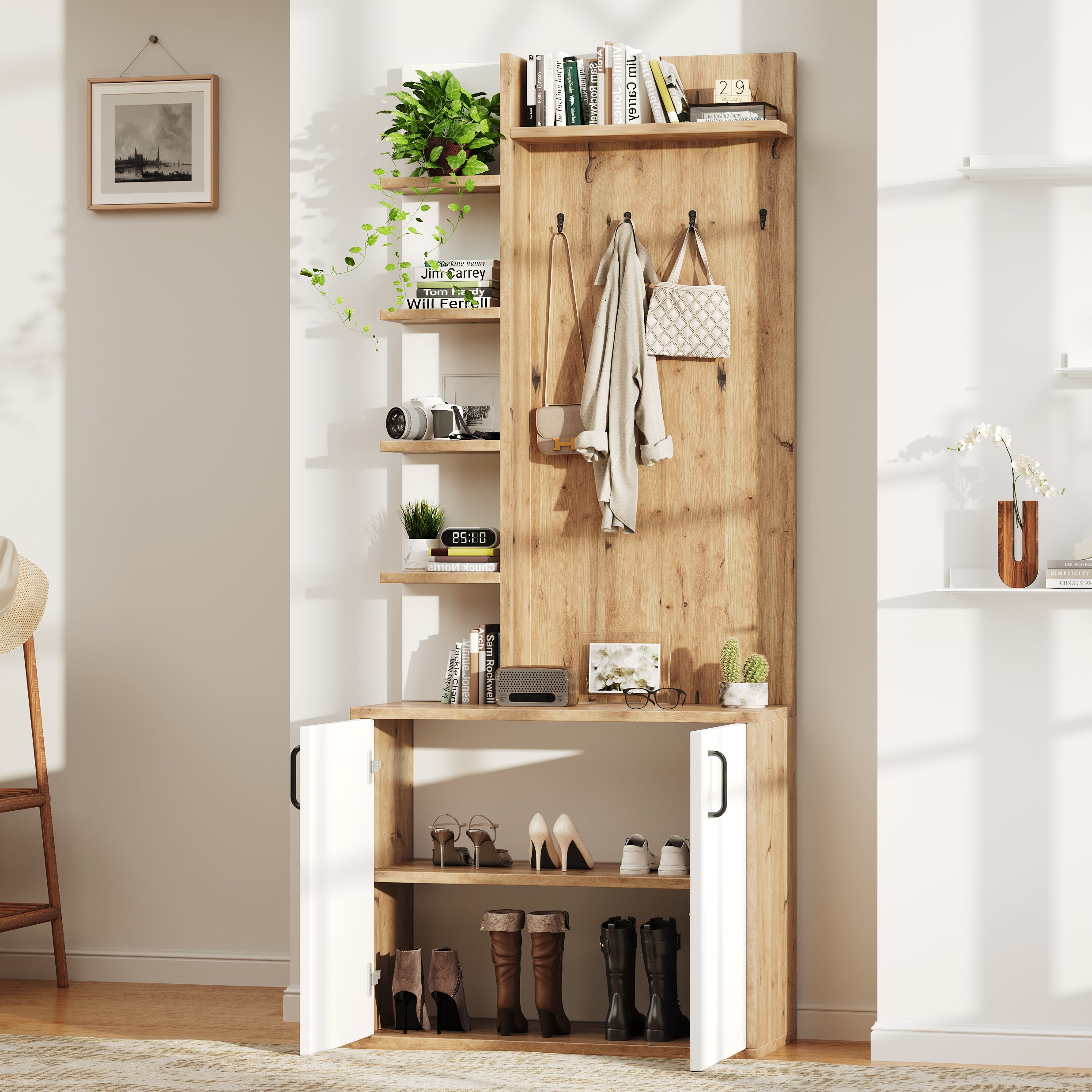 75x33x180cm Coat Rack With Coat Rack, Shoe Storage, Hallway Equipment With Coat Hooks, Hallway Cabinet With 5-layer Storage Space Divider And Storage Cabinets, Original Wood Color  White