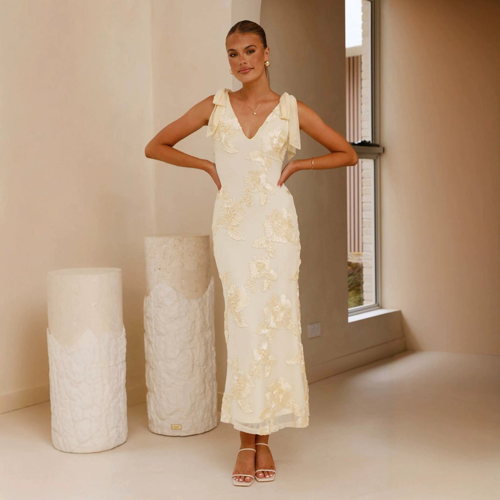 Womens Long Dress With 3D Embroidery Backless Design And Cross-Tie Straps