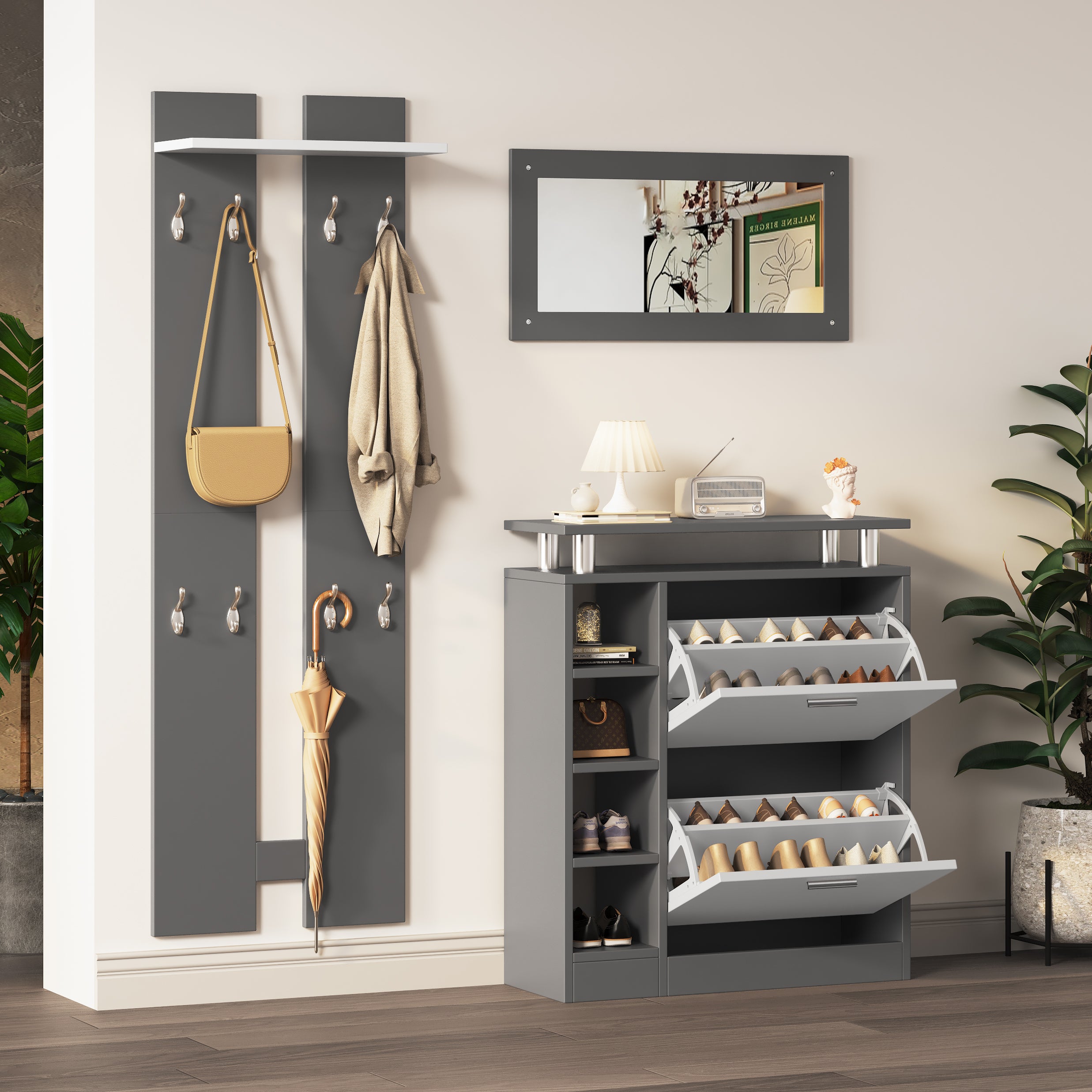 Wandgarderoben-Set 80 X25 X96.5 Cm, Inkl. Spiegel, 2 Wandpaneelen, Einer Regalwand Und Einem Schuhschrank, Korpus Anthrazitgrau Matt, Flurmobel, Flurtrockenstander, Flurgarderobe, Schuhwechsler-Set,