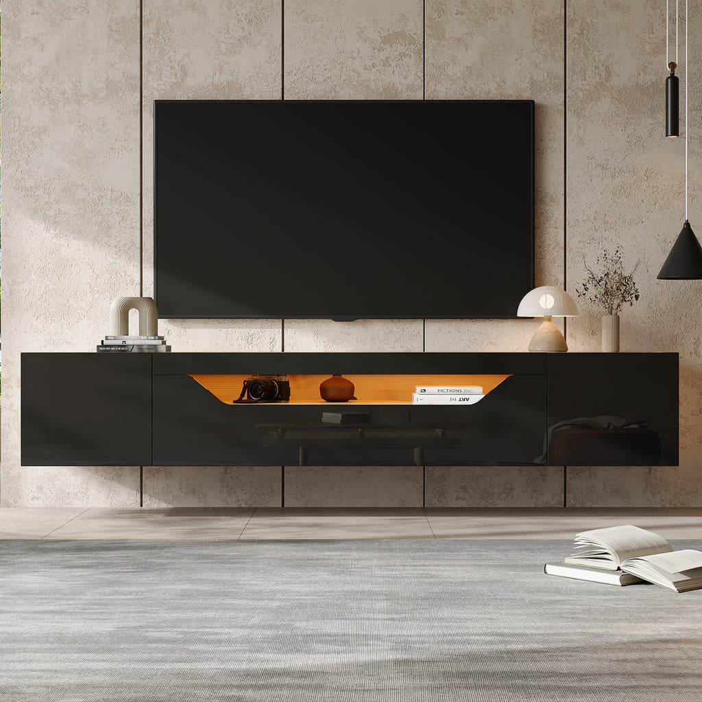 TV Cabinet With 3 Storage Compartments, Lowboard, Floating Wall-mounted TV Unit, High-gloss TV Cabinet With LED Light, TV Table, Wall-mountable, Suitable For 75-inch TVs, Black  Original