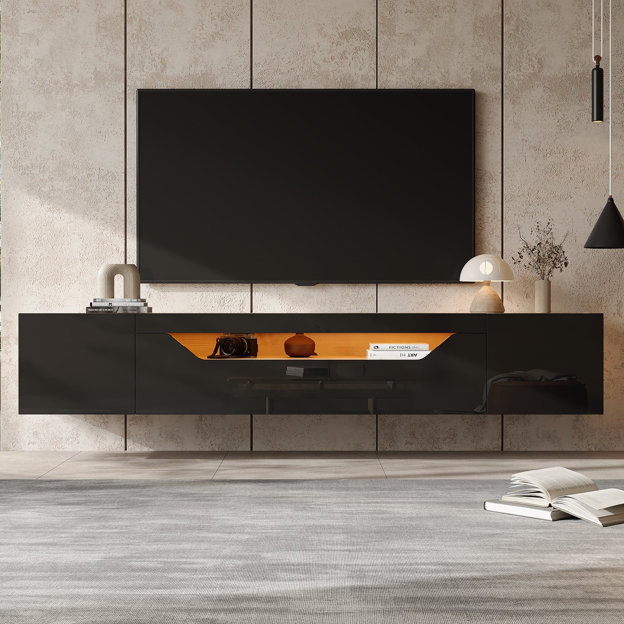 TV Cabinet With 3 Storage Compartments, Lowboard, Floating Wall-mounted TV Unit, High-gloss TV Cabinet With LED Light, TV Table, Wall-mountable, Suitable For 75-inch TVs, Black  Original