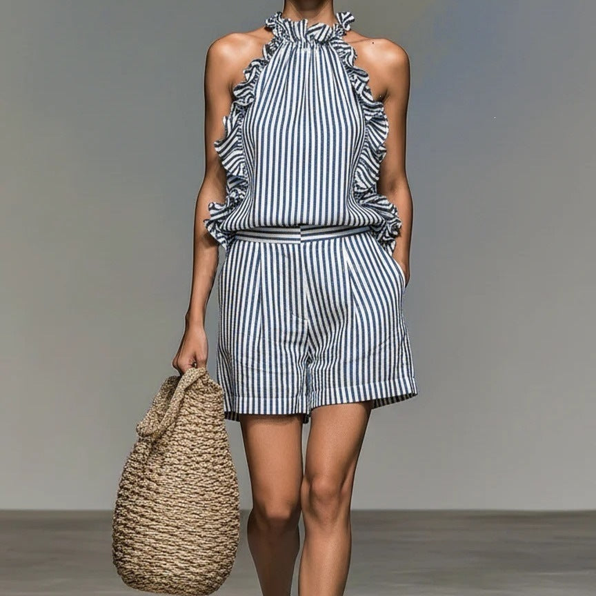 Casual Sleeveless Striped Lace T-shirt Top And Shorts