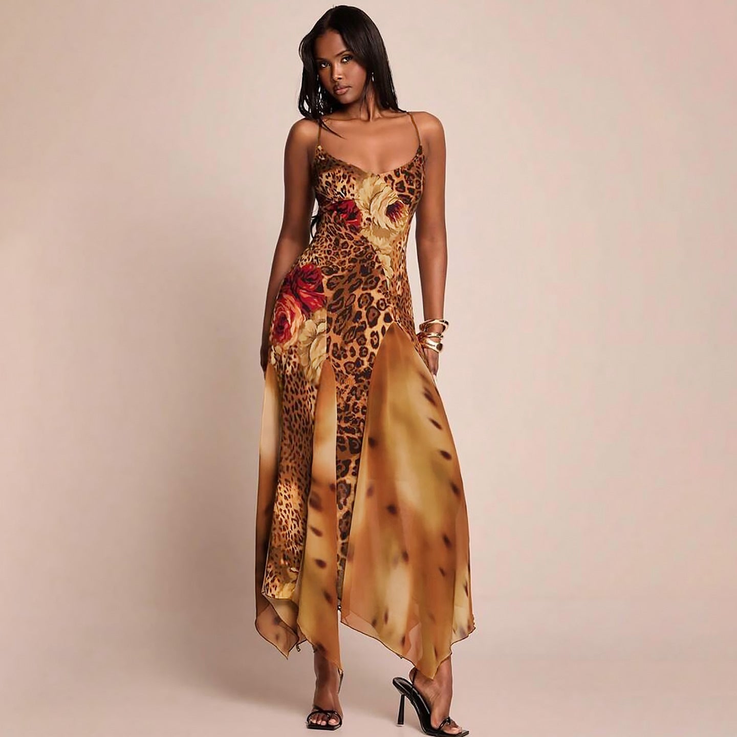 Mesh-panel Digital-print Camisole Dress