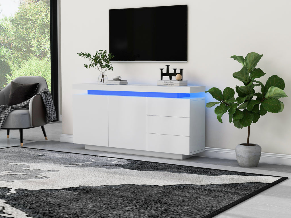 306338342WAA Modern Living Room Sideboard High-Gloss Cabinet With 2 Doors & 3 Drawers, LED Lighting, Handle-Free Design 140x35x72.5cm White