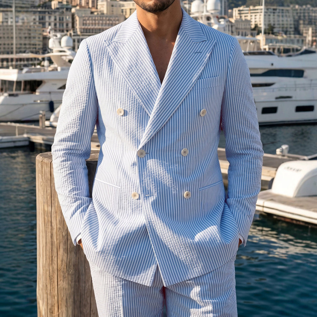 Mens Business Gentleman Striped Double-Breasted Suit Set